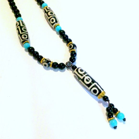 Black Onyx Howlite and Ceramic Bead Y Drop Long Beaded Necklace * - Picture 3 of 4